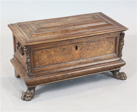 A small Italian marquetry inlaid walnut cassone, W.2ft 5in. D.1ft 2in. H.1ft 3in.